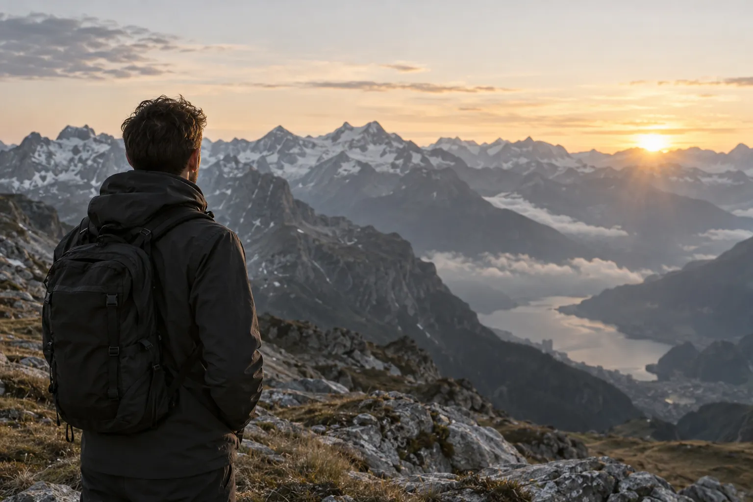 Eine Person mit dunkler Outdoorjacke blickt im Morgenlicht über ein alpines Bergpanorama.